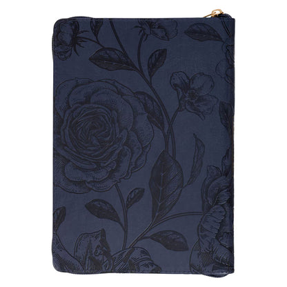 Amazing Grace Navy Blue Floral Faux Leather Classic Journal Zipper Closure