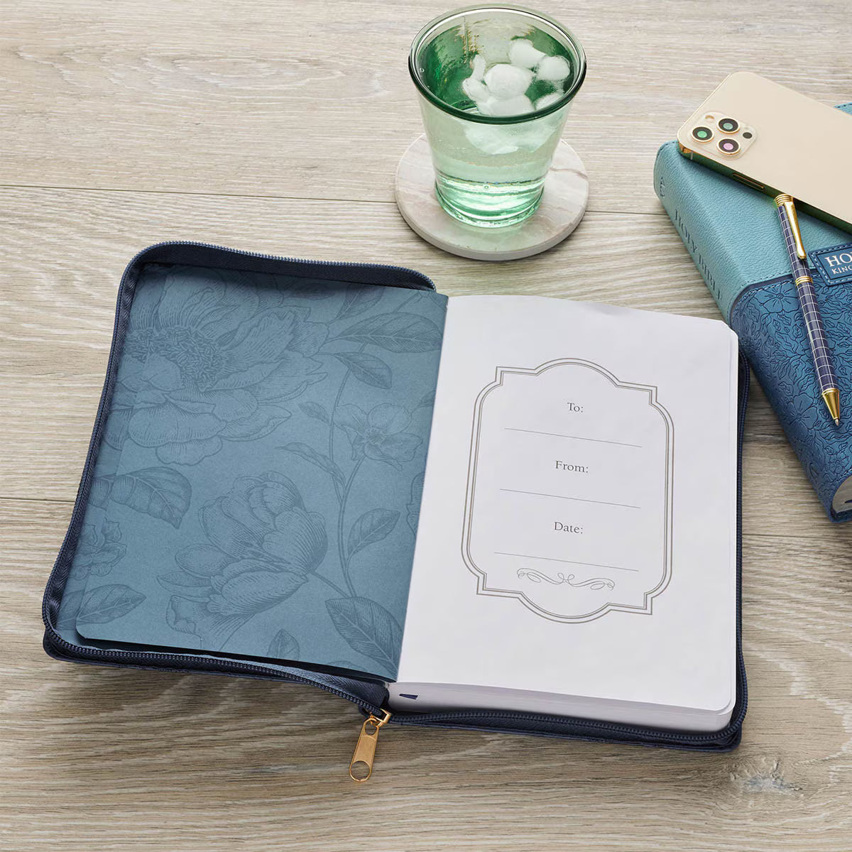 Amazing Grace Navy Blue Floral Faux Leather Classic Journal Zipper Closure