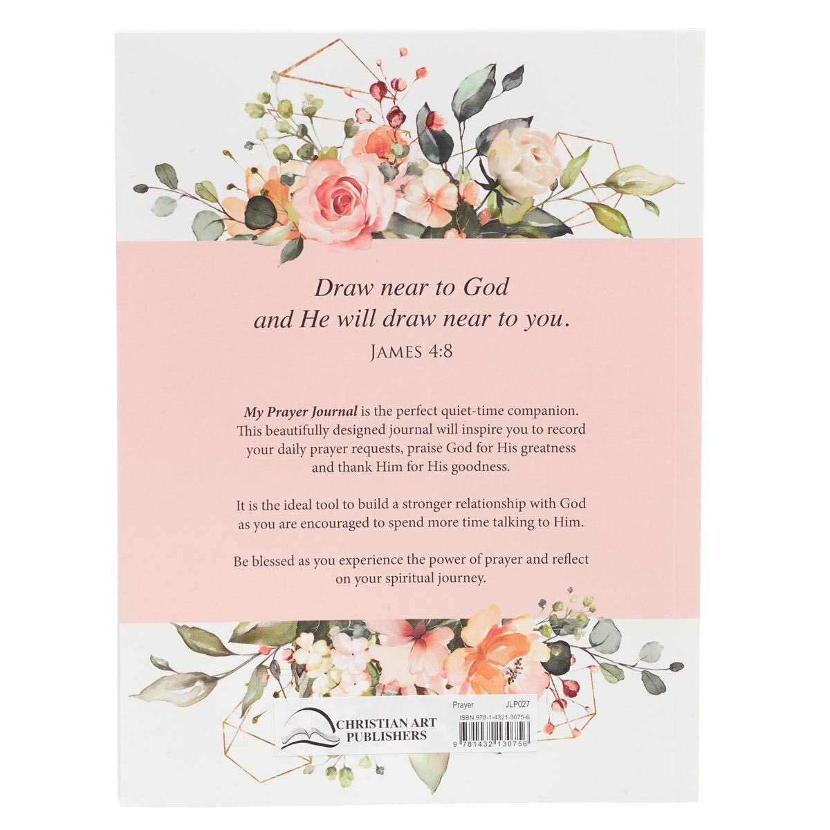 Back cover of My Prayer Journal with floral accents and James 4:8 scripture on quiet-time companion devotional guide