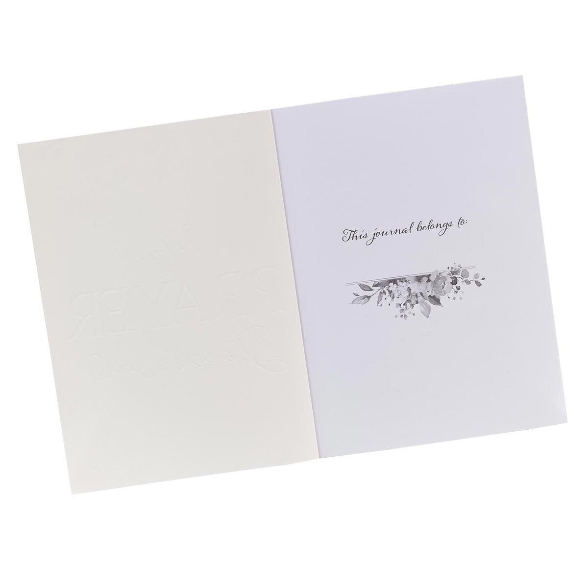 Open My Prayer Journal 120 Days showing inside cover with "This journal belongs to:" text and floral design