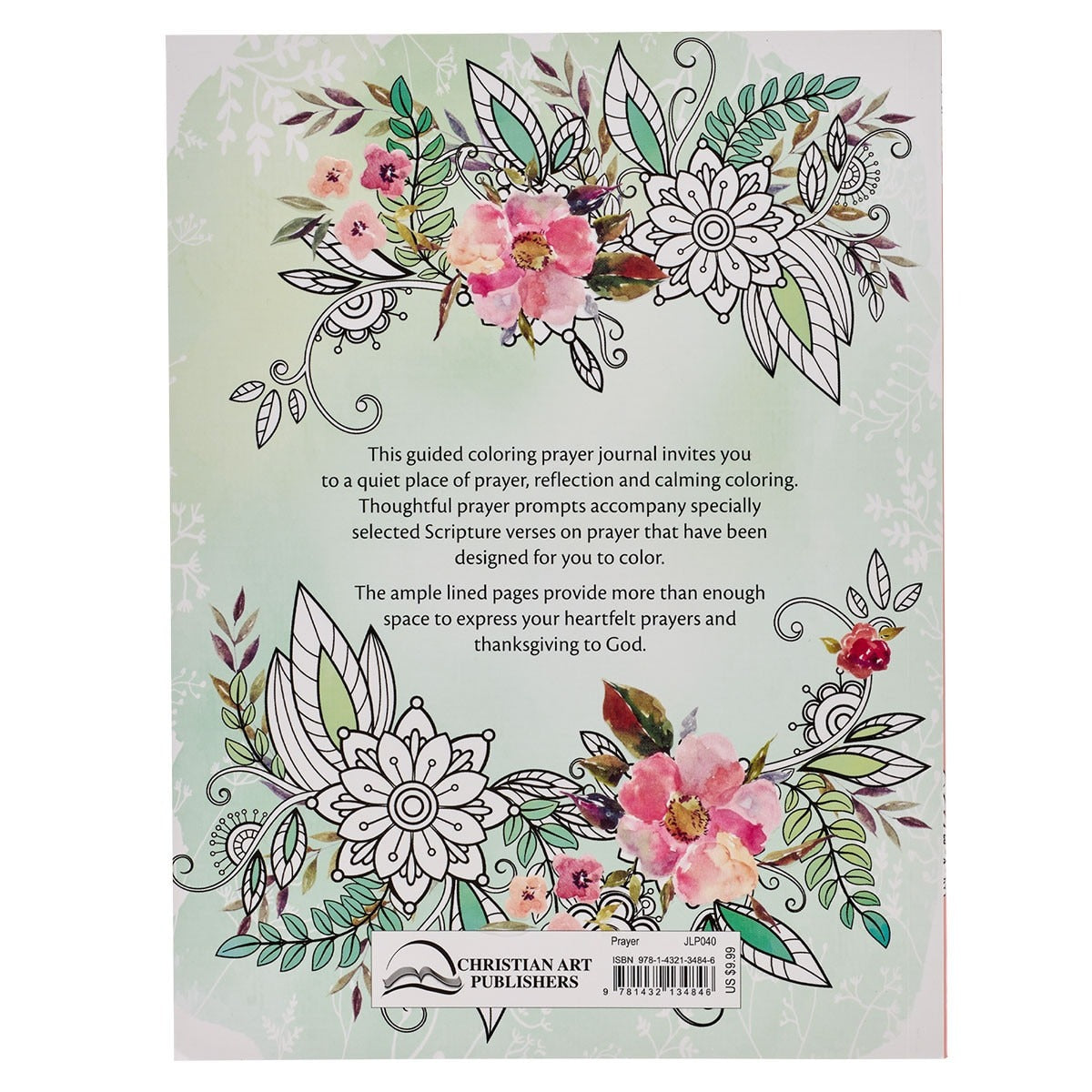 Back cover of My Coloring Prayer Journal with floral illustrations and descriptive text about guided prayer and coloring prompts