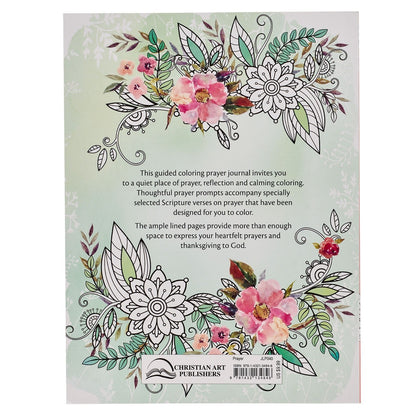 Back cover of My Coloring Prayer Journal with floral illustrations and descriptive text about guided prayer and coloring prompts