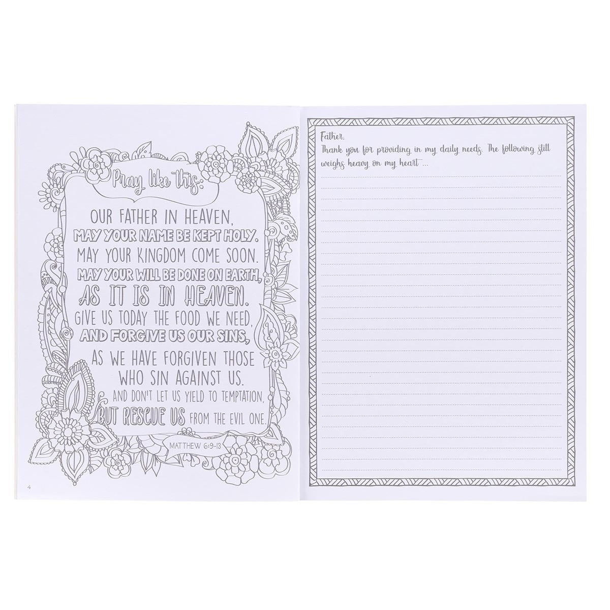 Open My Coloring Prayer Journal showing floral scripture coloring page and lined prayer journaling page with border