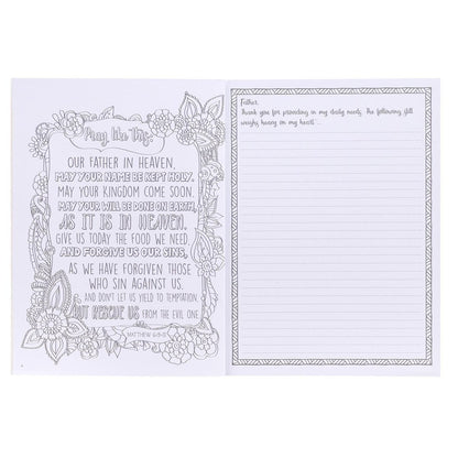 Open My Coloring Prayer Journal showing floral scripture coloring page and lined prayer journaling page with border