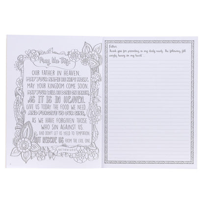 Open My Coloring Prayer Journal showing detailed scripture verse coloring page and lined prayer journal page with decorative border