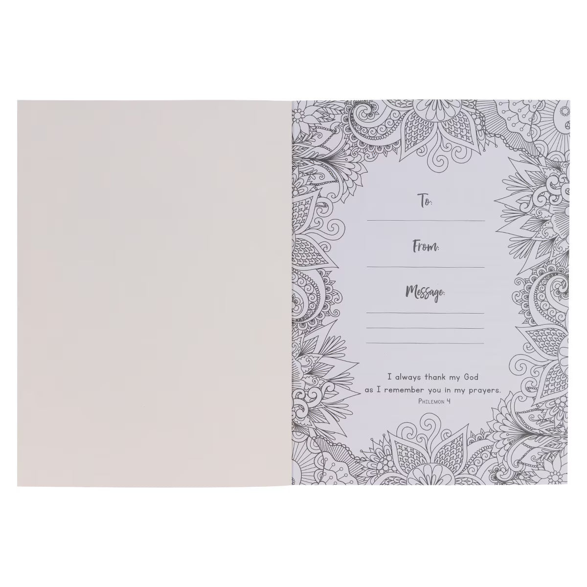 Open page of Pray More Worry Less Coloring Prayer Journal with floral border and gift message lines