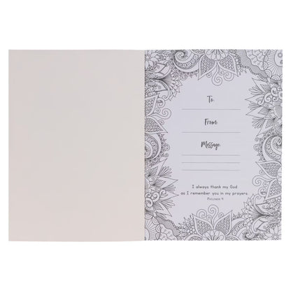 Open page of Pray More Worry Less Coloring Prayer Journal with floral border and gift message lines