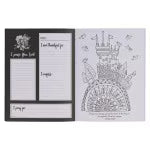 Open Pray More Worry Less coloring prayer journal showing daily planner on left and intricate crown coloring page on right