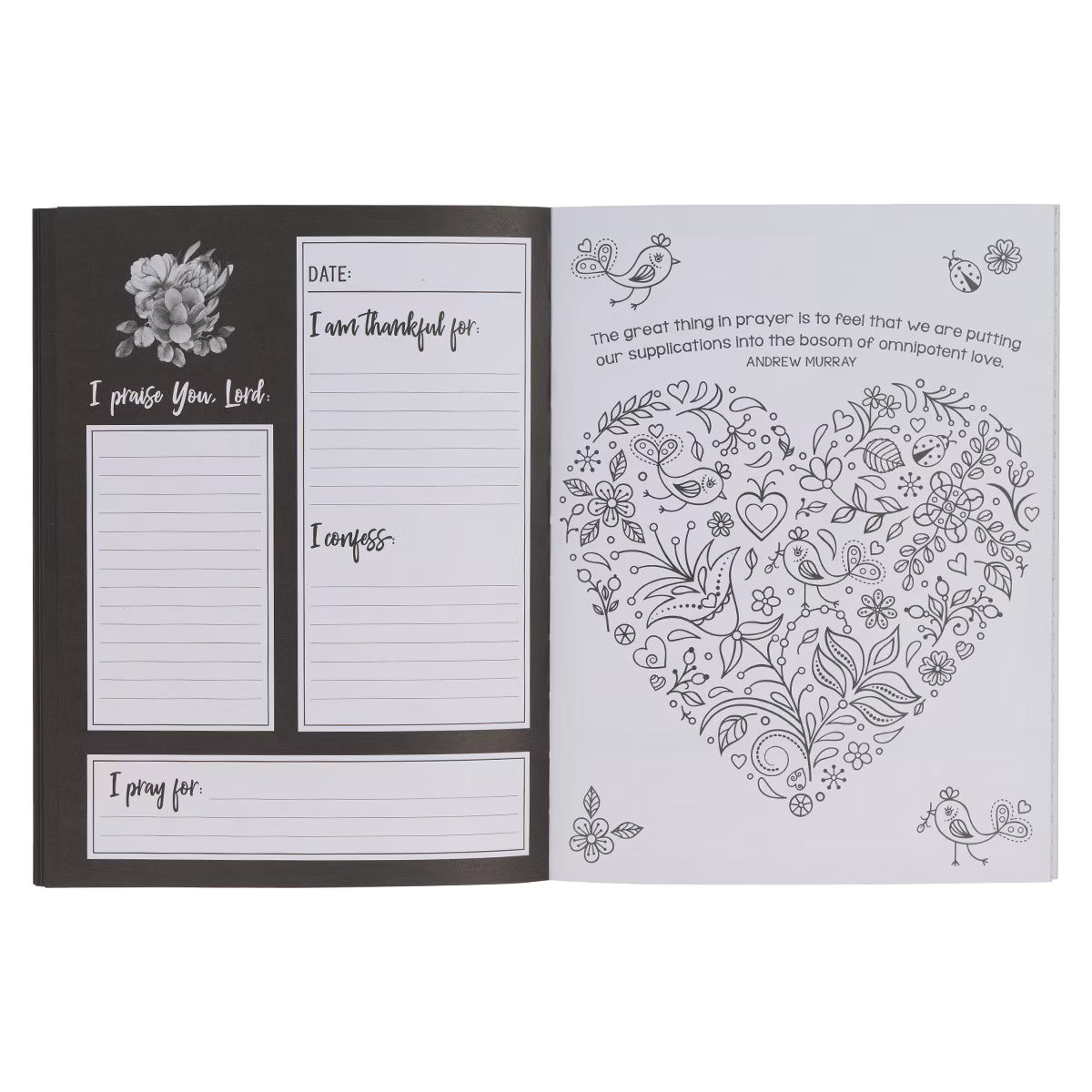 Open Pray More Worry Less coloring prayer journal showing gratitude prompts and heart-shaped floral coloring page