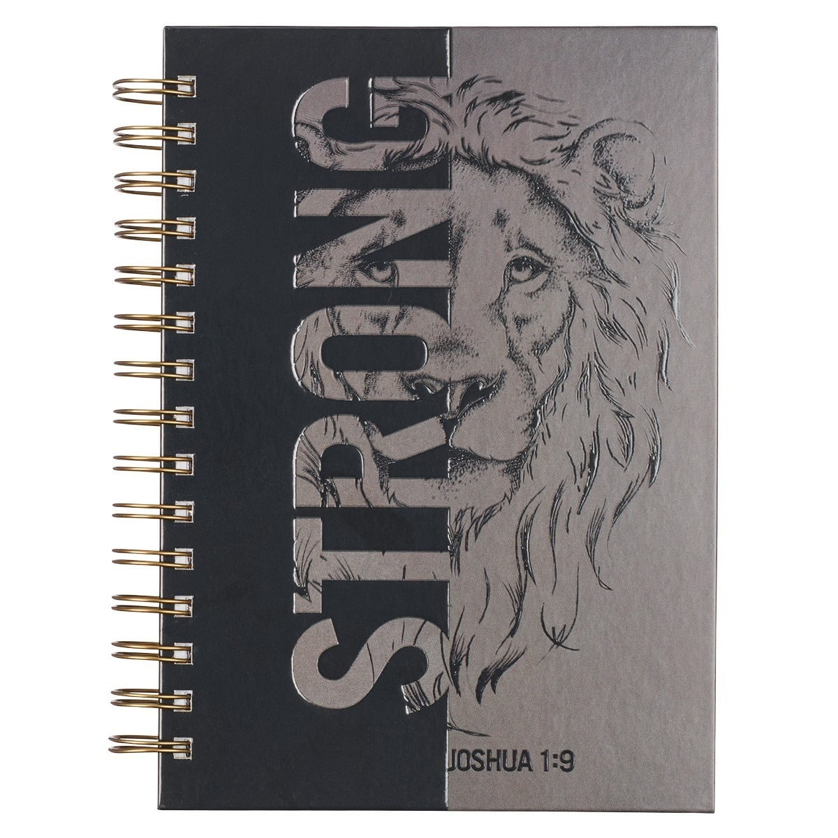 Strong large wirebound journal with two-tone flexcover, lion illustration, and debossed Joshua 1:9 Scripture design