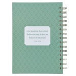 Love is Patient Large Wirebound Journal with green hummingbird design and 1 Corinthians 13:4 scripture on cover