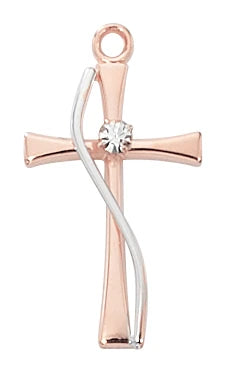 Rose Gold and Sterling Silver Cross with Crystal Stone 5/8" ( no chain )