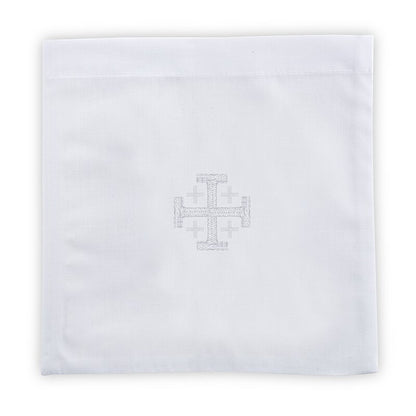 6" Jerusalem Cross chalice purificator baptismal cloth with white embroidered design in durable fabric blend
