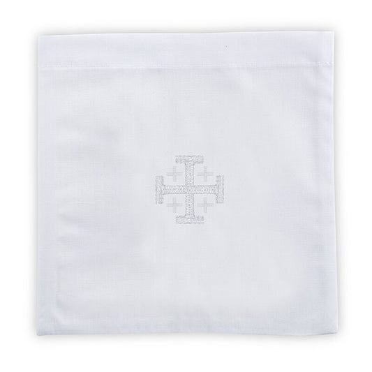6" Jerusalem Cross chalice purificator baptismal cloth with white embroidered design in durable fabric blend