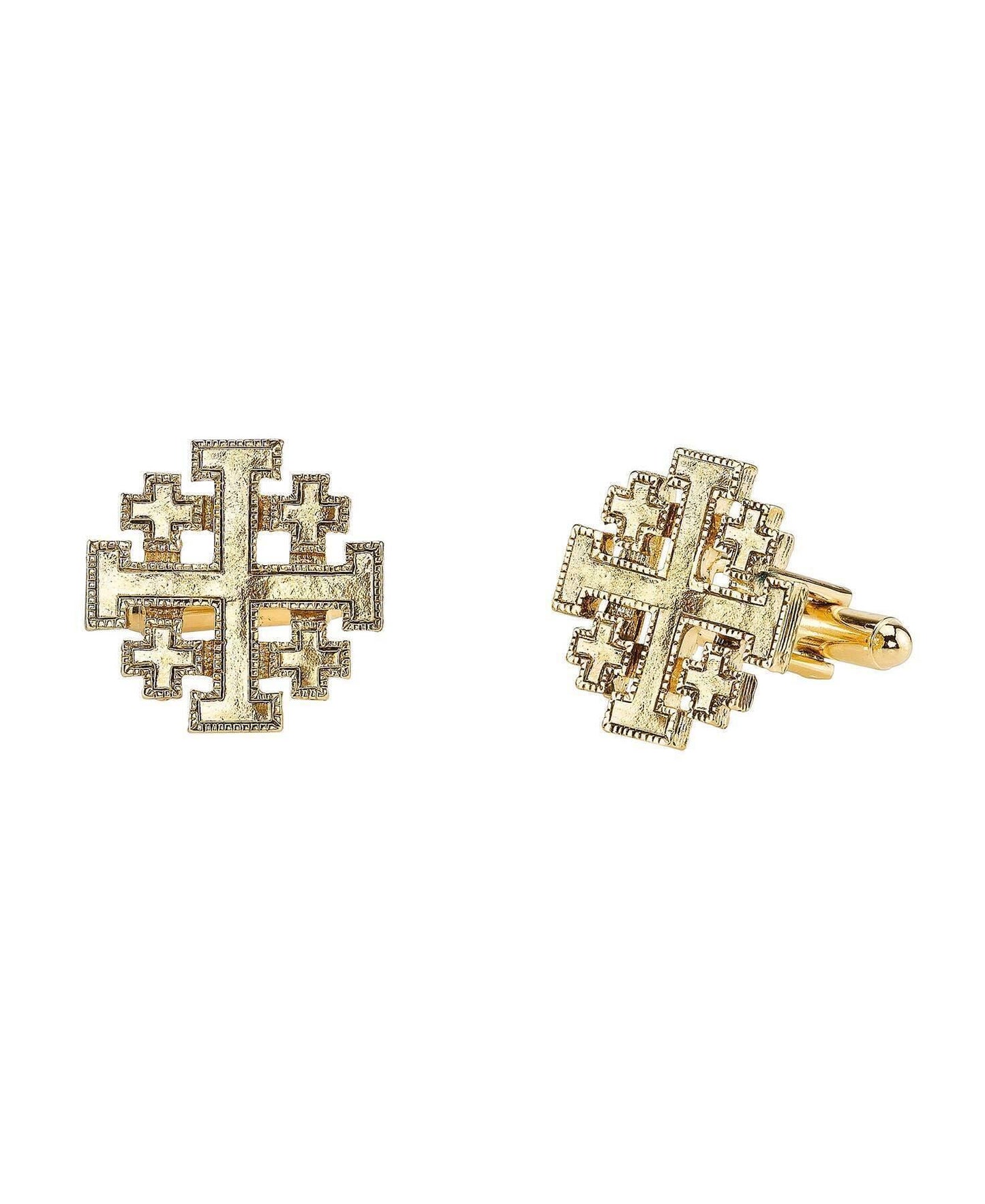 Pair of 14k gold dipped Jerusalem Cross cufflinks featuring one large and four smaller crosses with detailed edging design