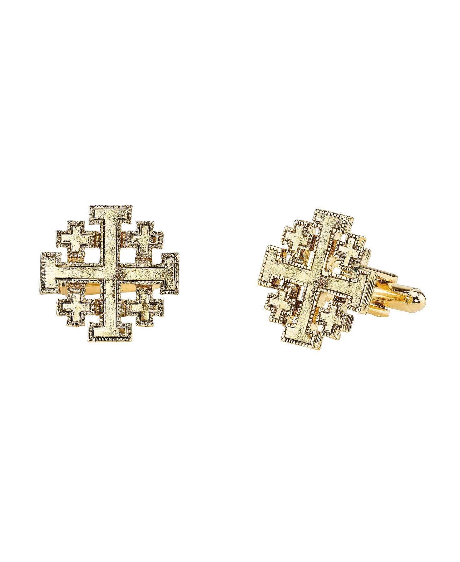 Pair of 14k gold dipped Jerusalem Cross cufflinks featuring one large and four smaller crosses with detailed edging design