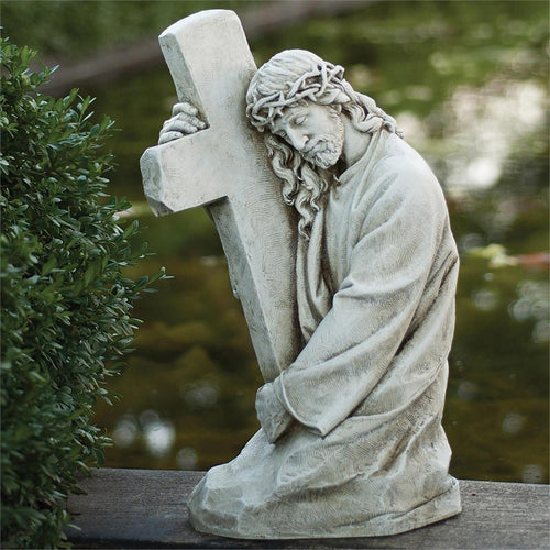 Jesus holding His Cross Outdoor Garden Statue 17 3/4"
