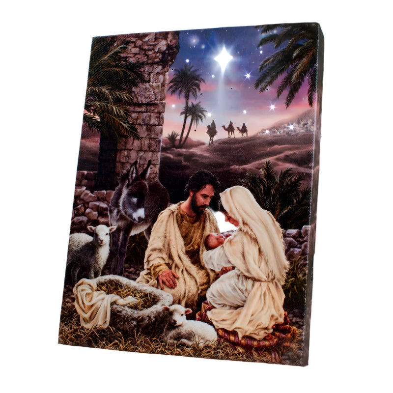 Jesus is Lord 8x6 lighted canvas featuring nativity scene with Mary, Joseph, baby Jesus, animals, and bright star background