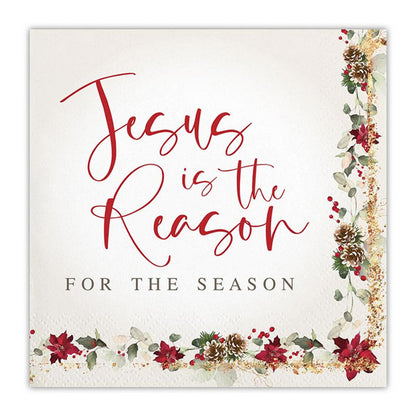 Paper napkin with "Jesus is the Reason for the Season" text and floral Christmas border, pack of 20 napkins.