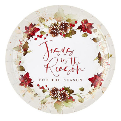 Round paper plates with "Jesus is the Reason for the Season" text surrounded by pinecone and poinsettia holiday wreath design