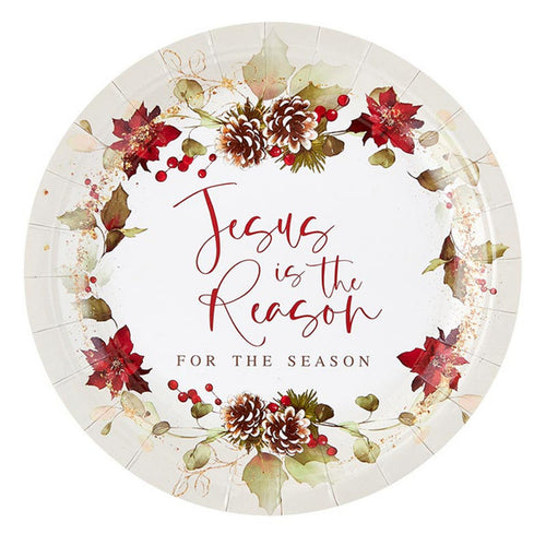 Round paper plates with "Jesus is the Reason for the Season" text surrounded by pinecone and poinsettia holiday wreath design