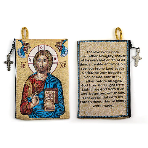 4" x 6" Jesus the Ruler of All rosary pouch with detailed icon on front and prayer text on back with zipper and cross charm