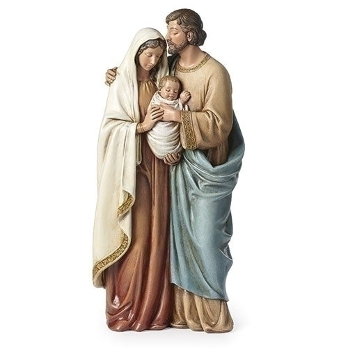Joseph Kissing Mary Holy Family statue 13" tall, featuring tender embrace and infant Jesus in detailed robes.