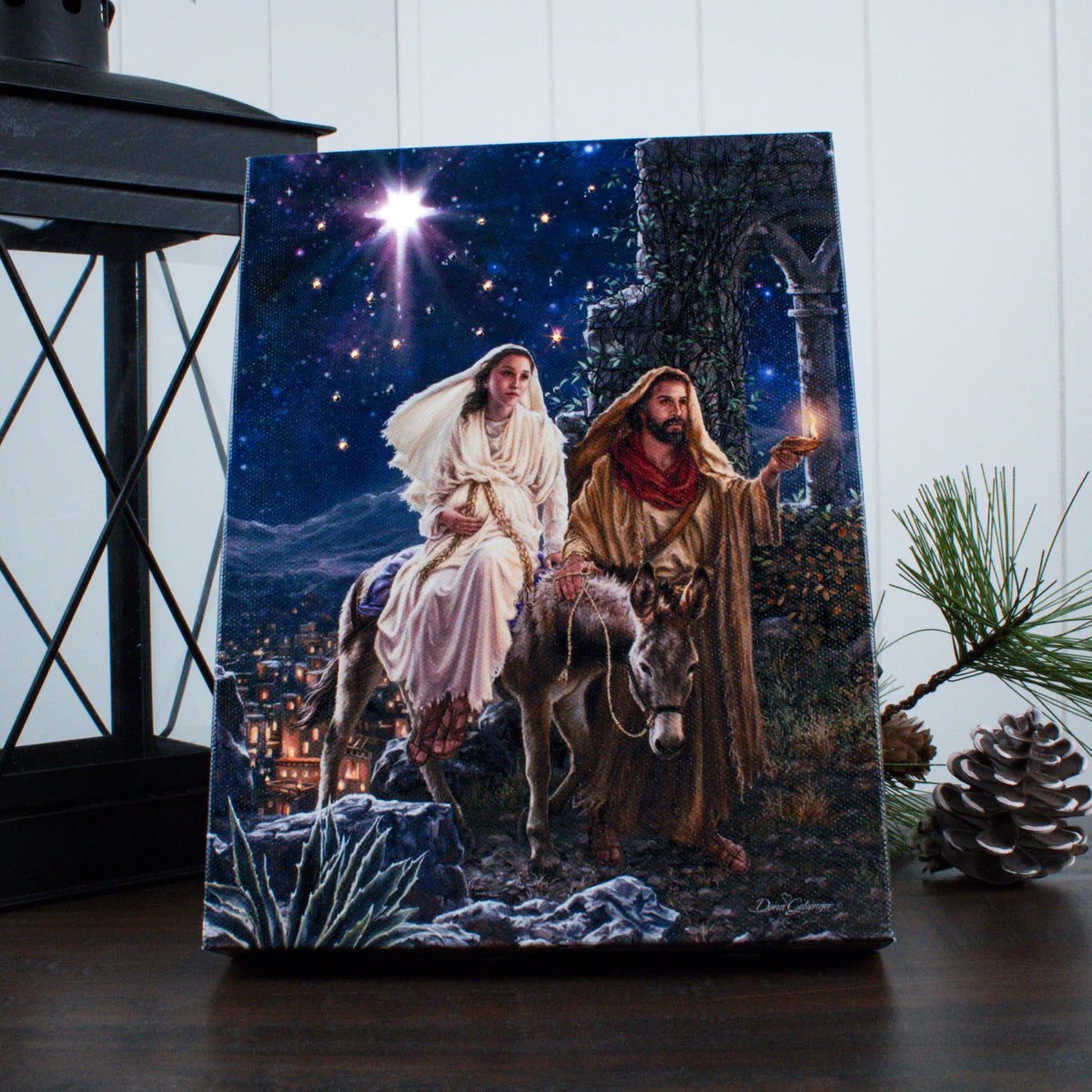 Lighted 8x6" tabletop canvas picture of Mary and Joseph's journey to Bethlehem under a bright star at night