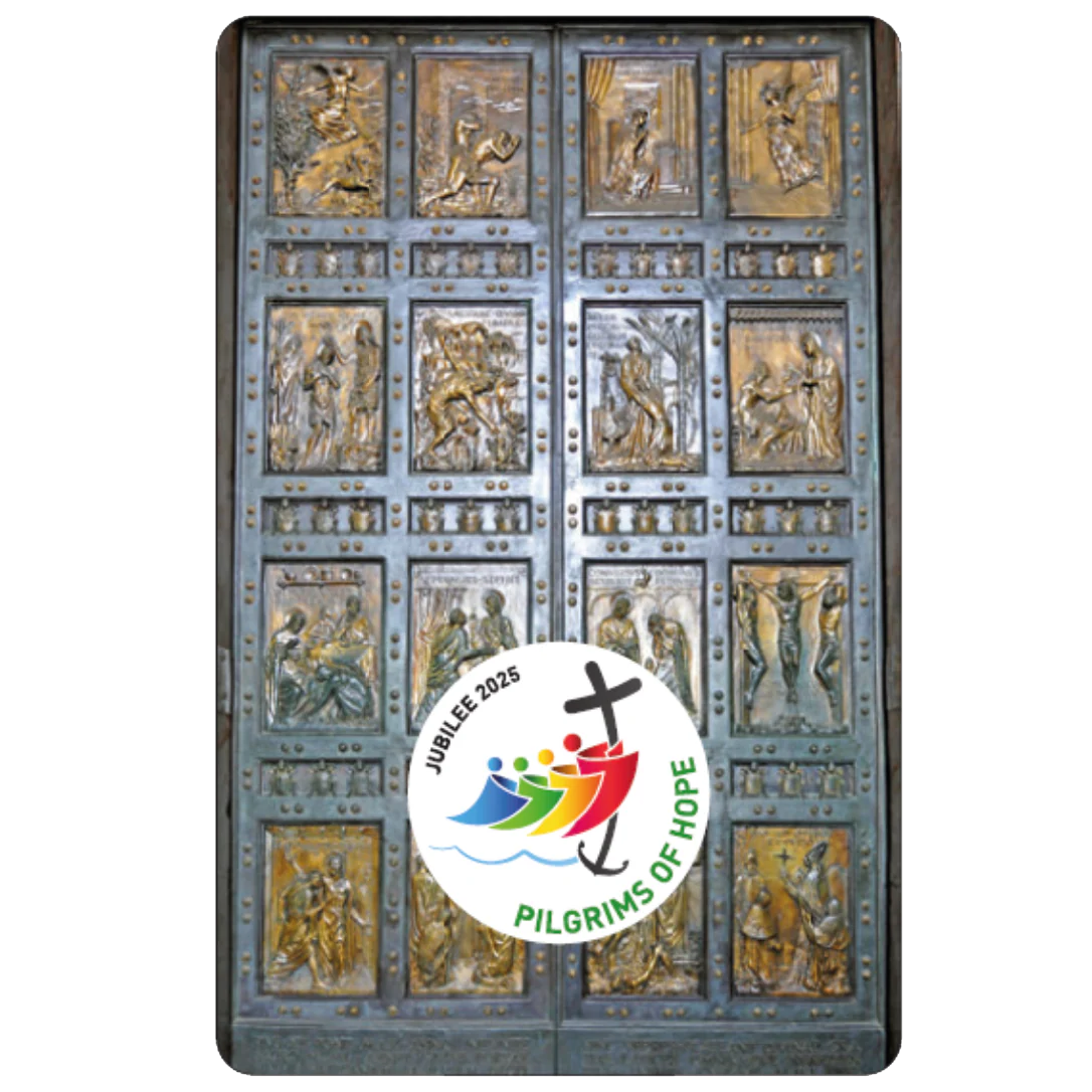Jubilee Prayer Card with laminated image of ornate bronze doors and Jubilee 2025 Pilgrims of Hope logo