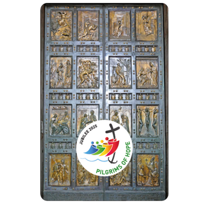 Jubilee Prayer Card with laminated image of ornate bronze doors and Jubilee 2025 Pilgrims of Hope logo