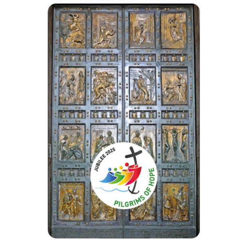 Jubilee Prayer Card with laminated image of ornate bronze doors and Jubilee 2025 Pilgrims of Hope logo