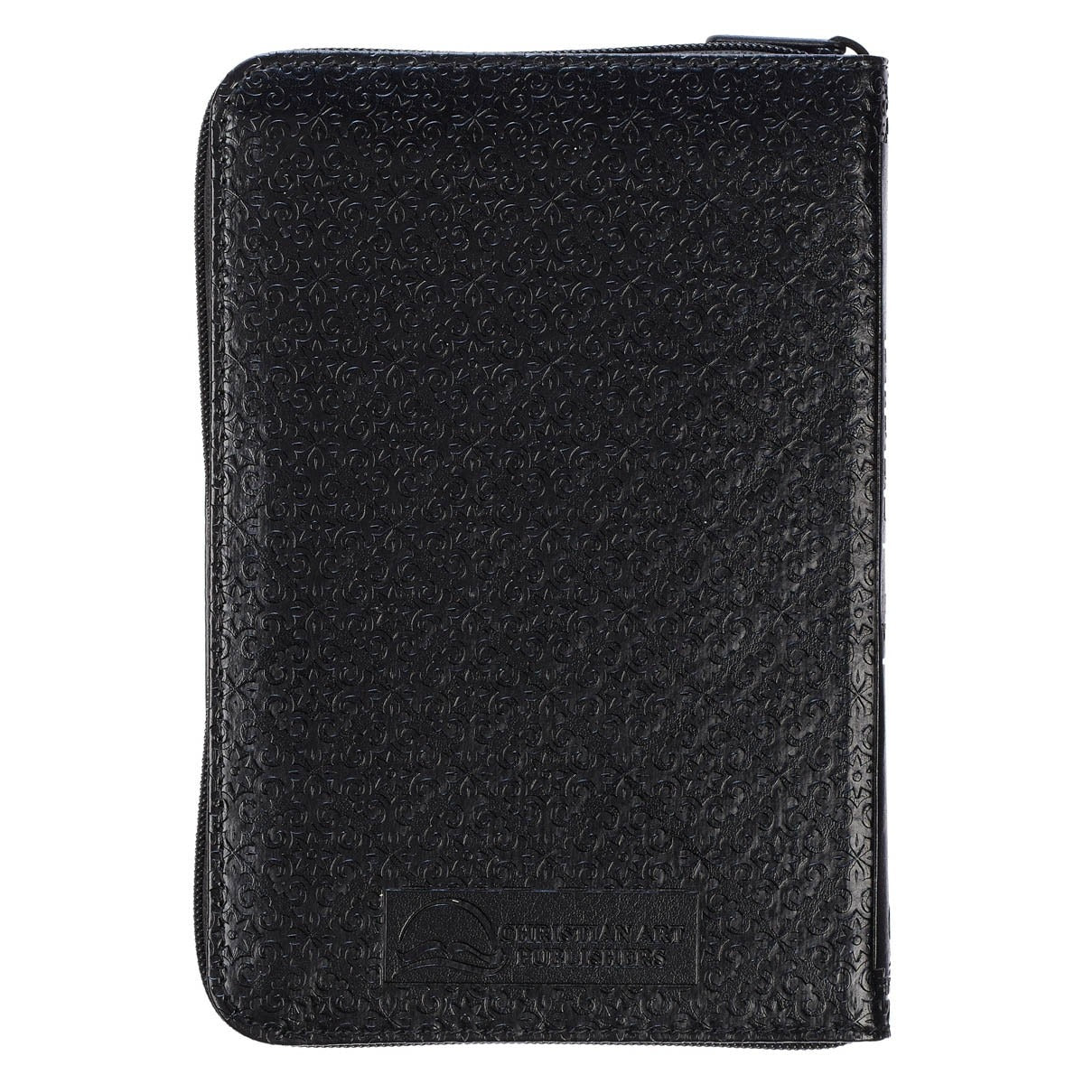 Black faux leather King James Version pocket Bible with zippered closure and subtle embossed cross pattern on cover