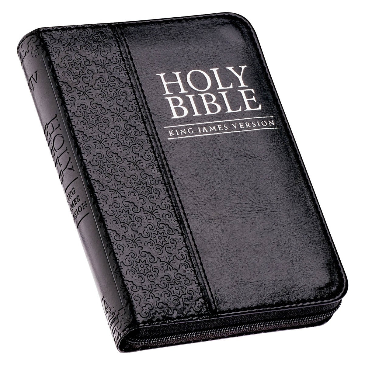 Compact Black Faux Leather King James Version Pocket Bible with zippered closure and decorative textured spine panel design