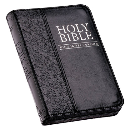 Compact Black Faux Leather King James Version Pocket Bible with zippered closure and decorative textured spine panel design