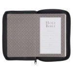 6 1/4" Black faux leather King James Version pocket Bible with zippered closure and inner printed page detail