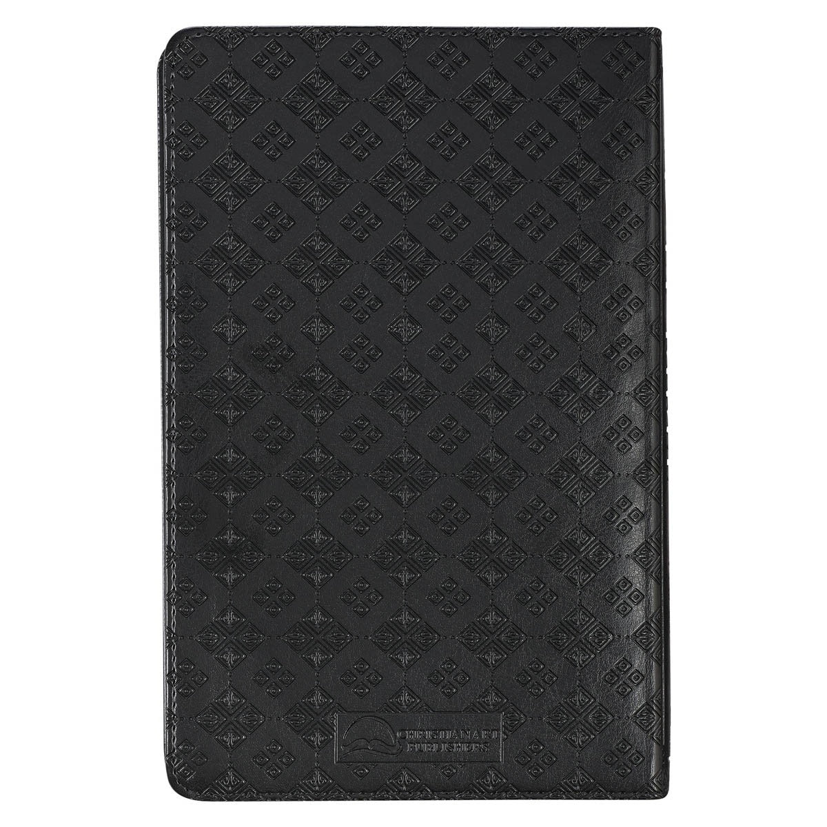 Black faux leather King James Version deluxe gift Bible with intricate embossed geometric pattern on glossy cover and thumb index