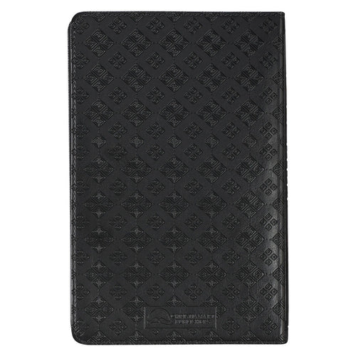Black faux leather King James Version deluxe gift Bible with intricate embossed geometric pattern on glossy cover and thumb index