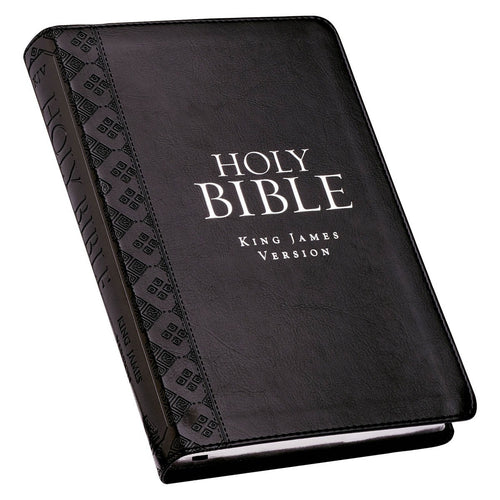 Black faux leather King James Version Holy Bible with embossed geometric pattern and thumb index deluxe gift edition