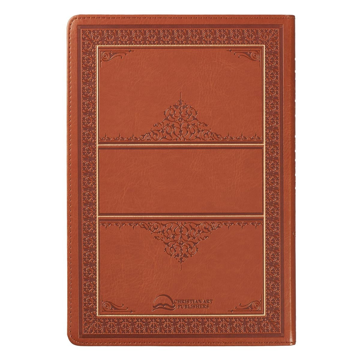 Saddle tan faux leather King James Bible with large print, thumb index, heat-debossed border, and decorative spine design