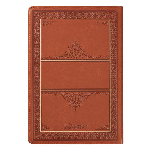 Saddle tan faux leather King James Bible with large print, thumb index, heat-debossed border, and decorative spine design