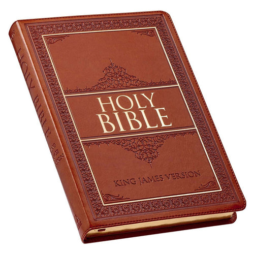Saddle tan faux leather King James Version Bible with large print, thinline design, thumb index, and heat-debossed border