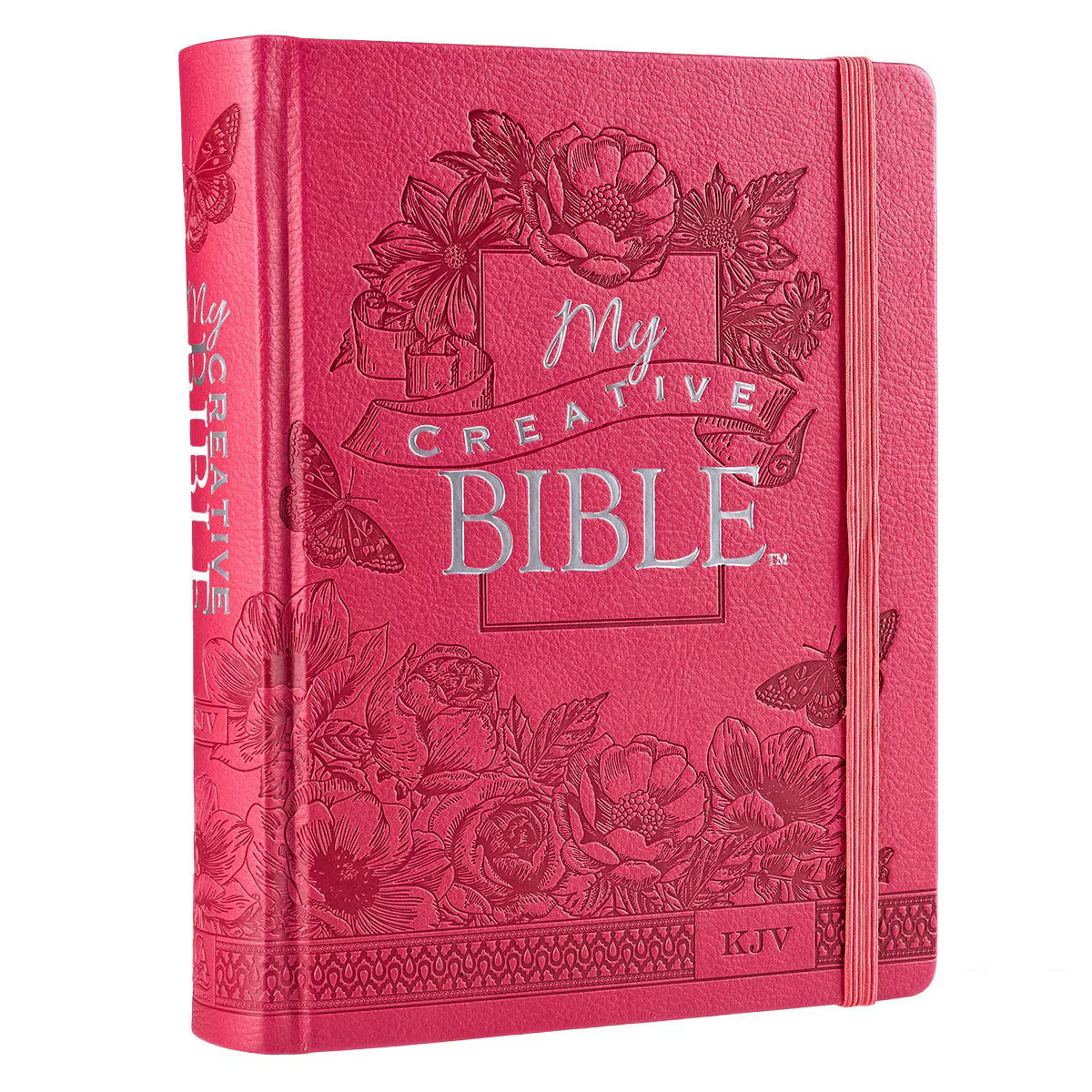 Bright pink faux leather hardcover KJV My Creative Bible with floral and butterfly embossed design and elastic closure band