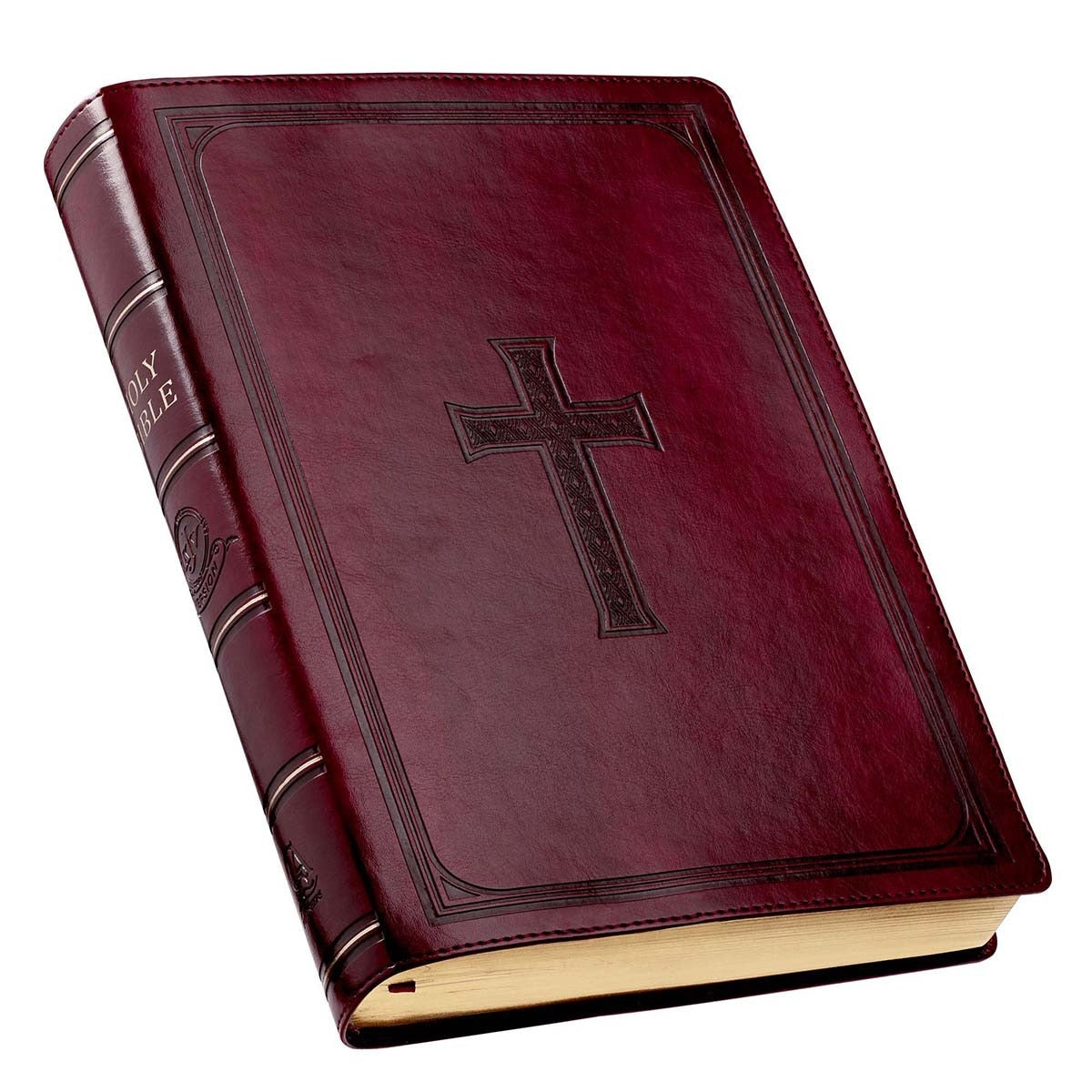 Burgundy faux leather King James Bible with super giant print, thumb index, and embossed St. John's cross design on cover