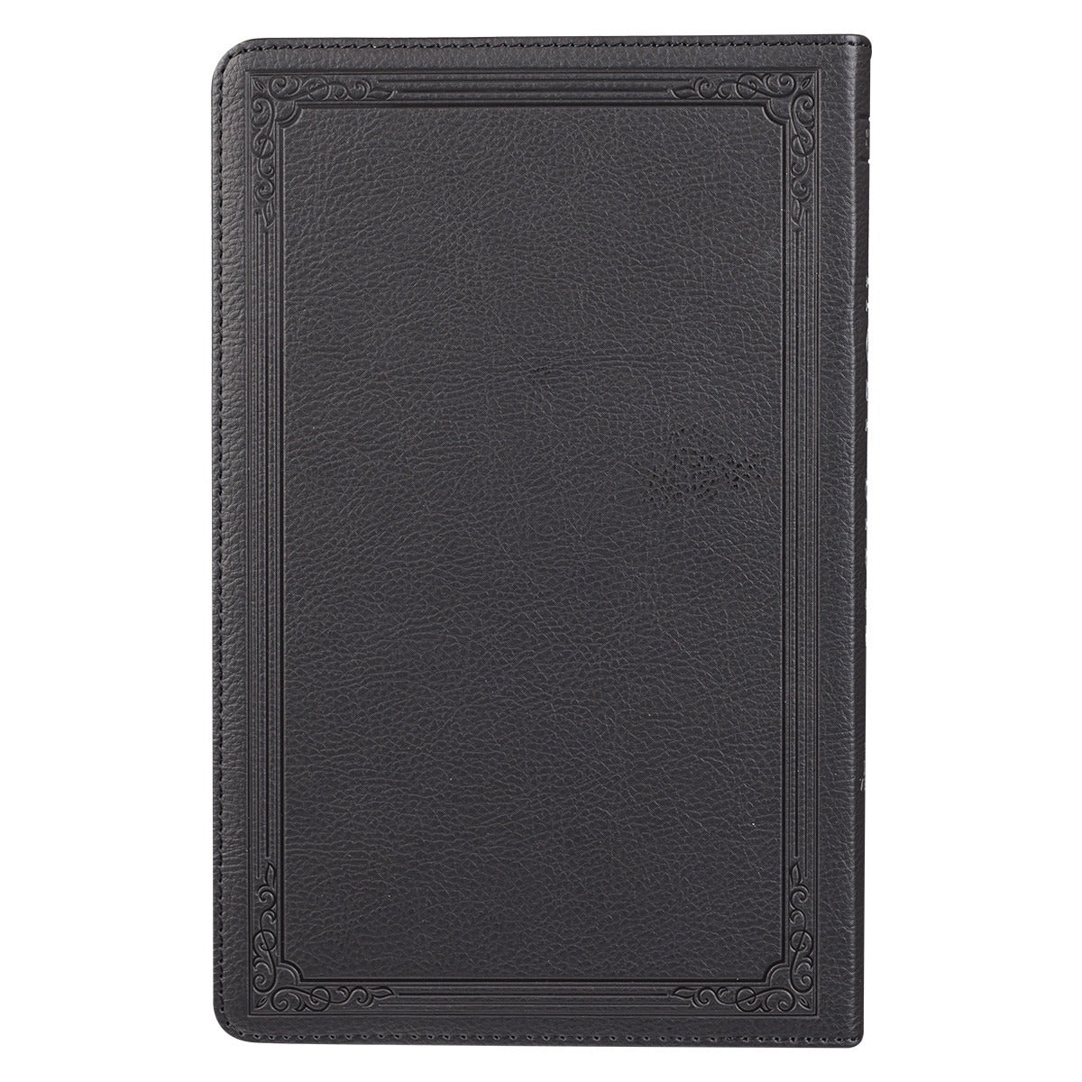 Black faux leather King James Version gift edition Bible with embossed decorative border and textured cover