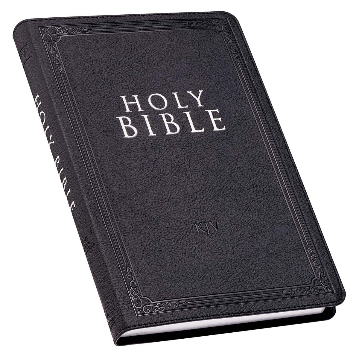 Black faux leather King James Version Bible with embossed border and silver foil Holy Bible text on cover and spine