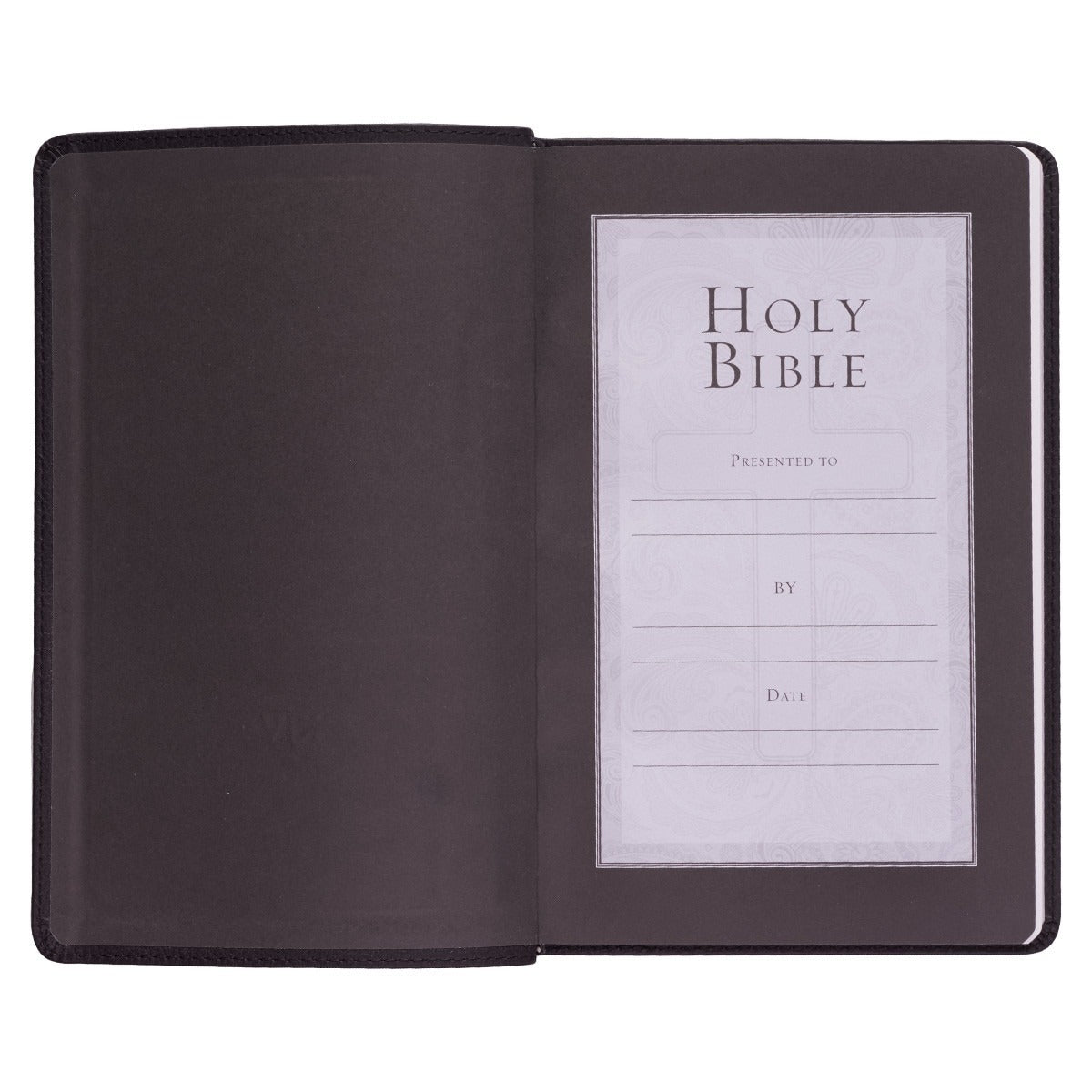 Black faux leather King James Version gift edition Bible open to presentation page with space for name and date