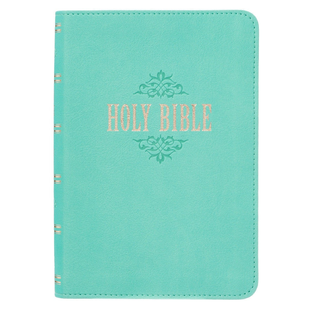 Robin’s-egg blue faux leather compact King James Version Bible with large print and embossed Holy Bible text on cover