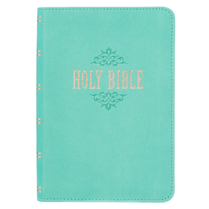 Robin’s-egg blue faux leather compact King James Version Bible with large print and embossed Holy Bible text on cover