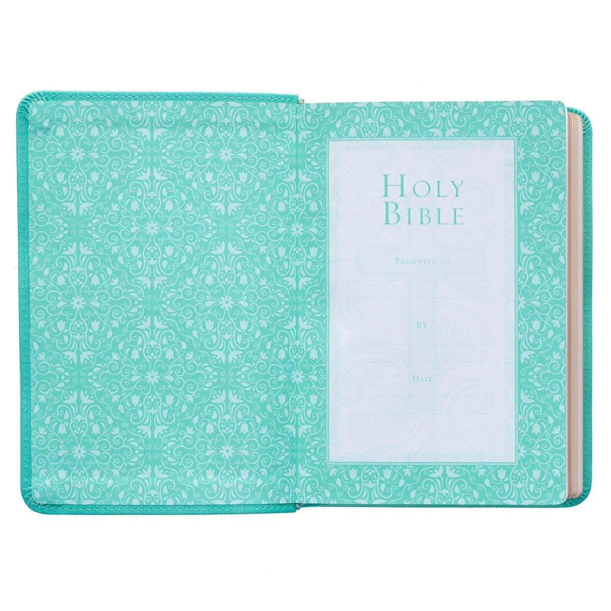Robin's-egg blue faux leather compact Bible with large print, decorative interior cover, and presentation page