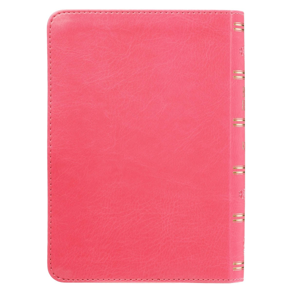 Pink faux leather compact King James Version Bible with large print text and gold foil accent on spine
